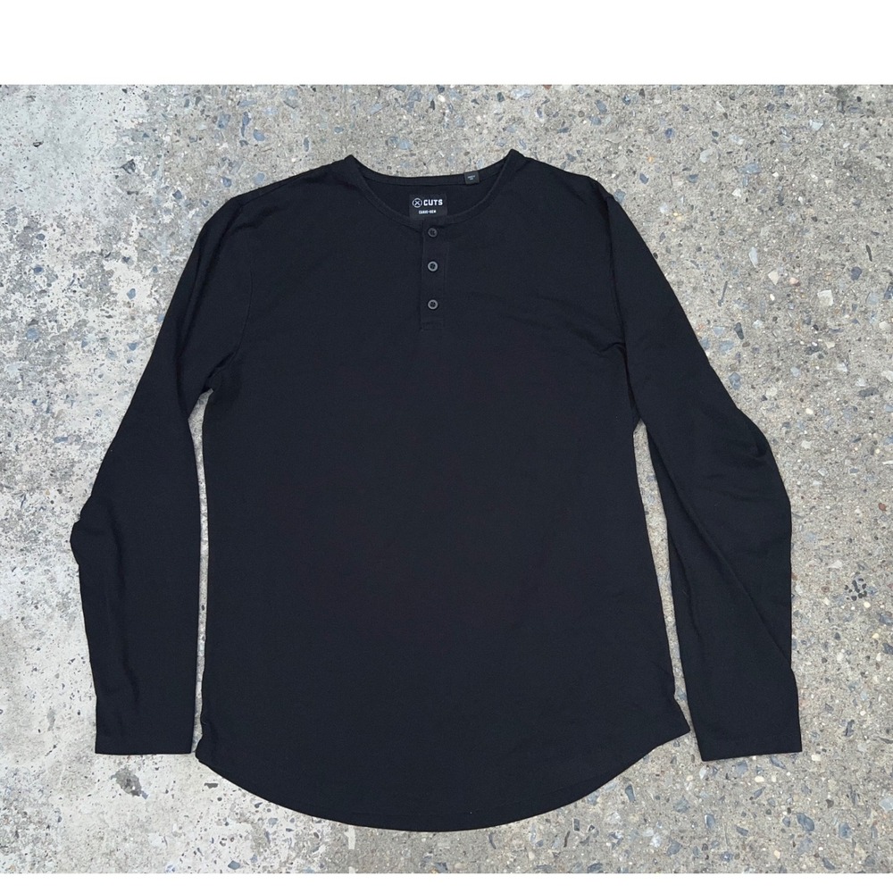 Cuts Clothing Mens Black Long Sleeve Curve Hem Henley Shirt Large